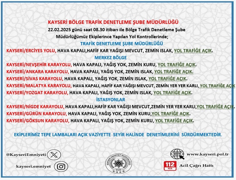 Kayseri’de Trafik Denetimleri Devam Ediyor: Yol Durumu ve Hava Koşulları Raporu